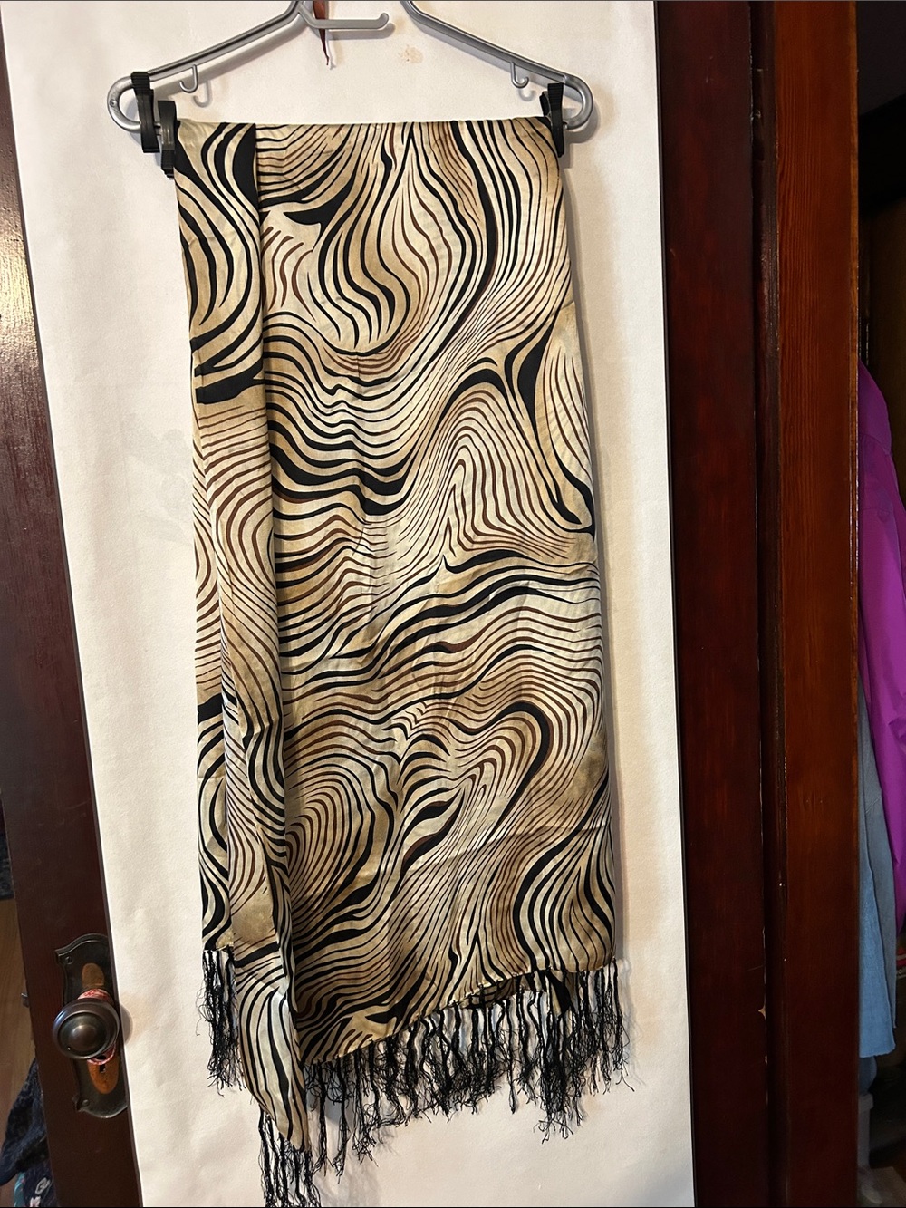 Neutral Zebra Swirl 100% Silk Double Layer Scarf with Fringe
